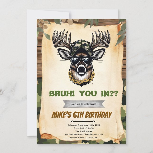 Bruh camo deer hunting party invitation inbjudningar (Framsida)