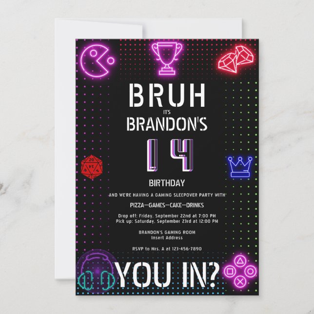 BRUH DIT IN Tonåring Boy Birthday Video Game Sleep Inbjudningar (Framsida)