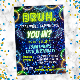 Bruh du in? Neon Glow Blue Grönt Boy Birthday Inbjudningar
