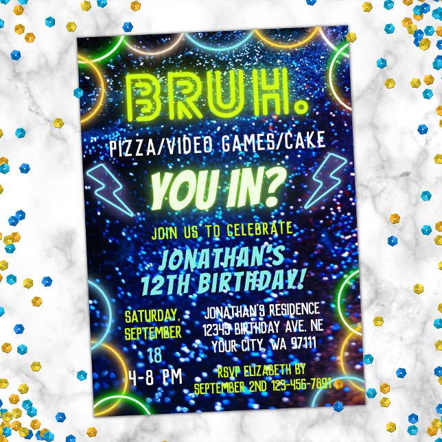 Bruh du in? Neon Glow Blue Grönt Boy Birthday Inbjudningar (Skapare uppladdad)