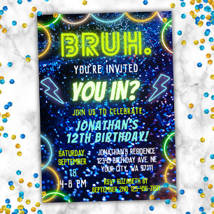 Bruh du in? Neon Glow Blue Grönt Boy Birthday Inbjudningar