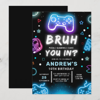 BRUH DU MED? Neon Födelsedagsinbjudan för Spelare Inbjudningar