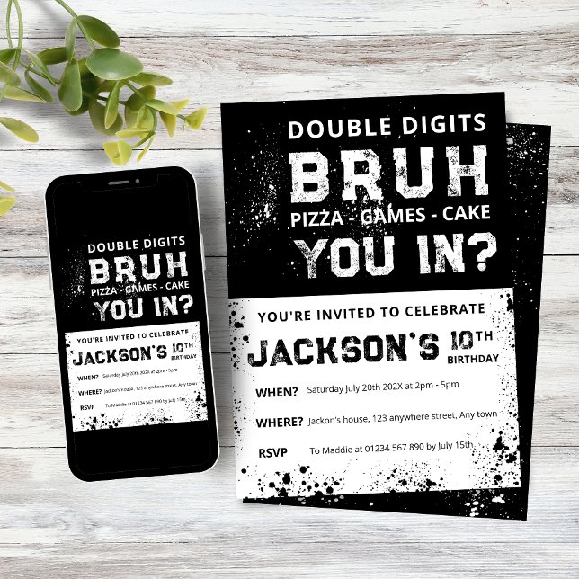 BRUH Dubbla siffror Pojkars 10-års födelsedagsinbj Inbjudningar (Boys Double Digit 10th Birthday Invitation, Black and White Grunge design)