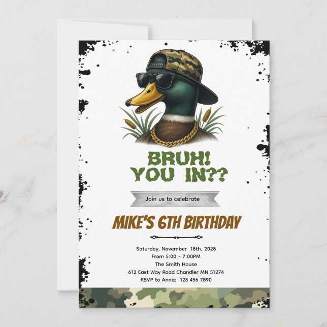 Bruh duck hunting birthday invitation inbjudningar (Framsida)