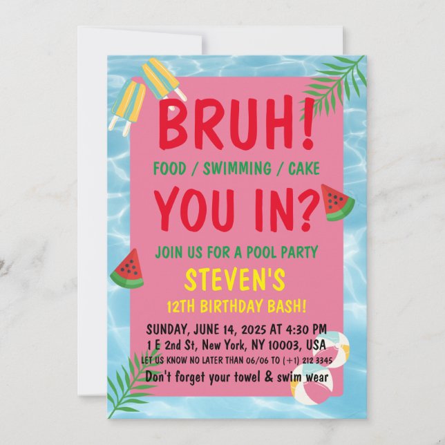 bruh-födelsedag Bassäng bash Inbjudningar (Framsida)