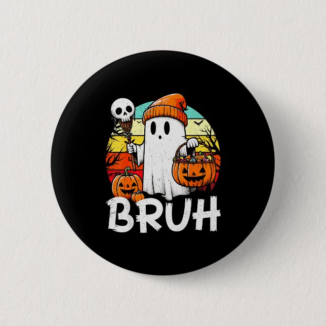 Bruh Ghost Funny Halloween Boo Soky Halloween Bruh Knapp (Framsida)