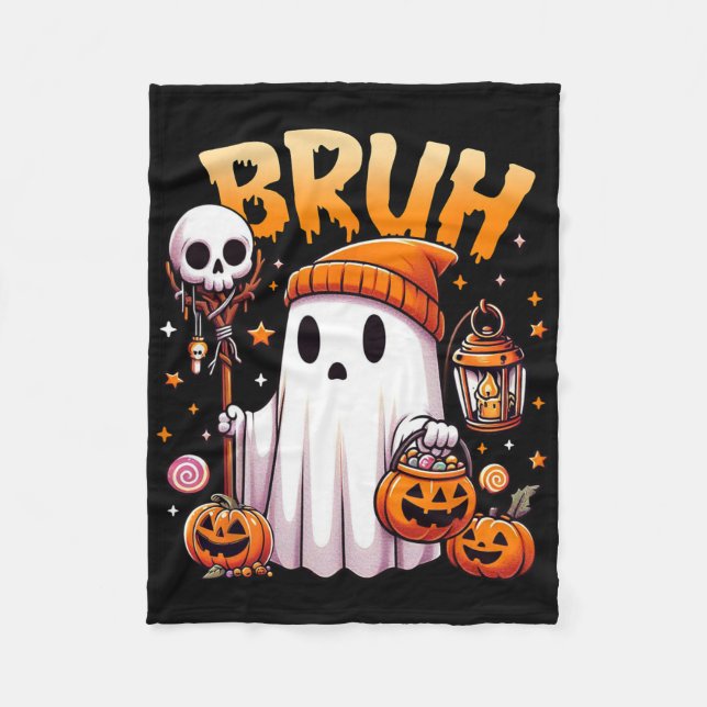 Bruh Ghost Halloween Cute Ghost Bus eller godis Ca Fleecefilt (Framsidan)