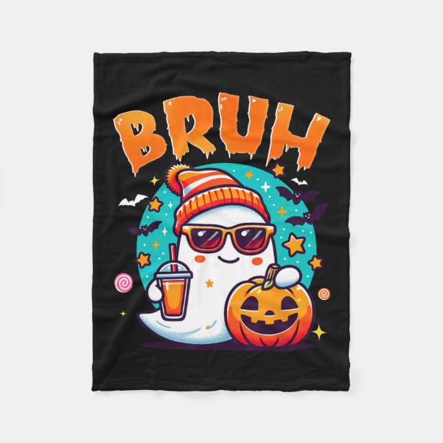 Bruh Ghost Halloween Cute Ghost Bus eller godis Ca Fleecefilt (Framsidan)