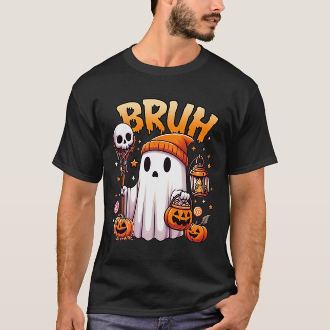 Bruh Ghost Halloween Cute Ghost Bus eller godis Ca T Shirt (Framsida)