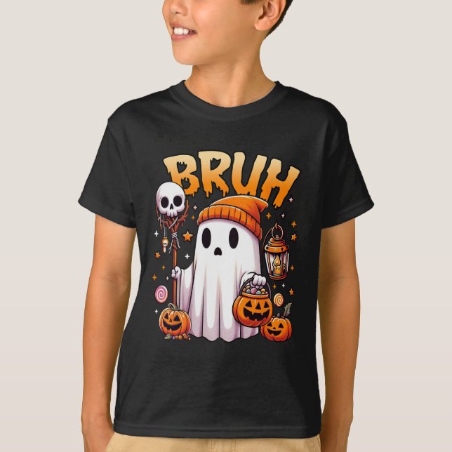 Bruh Ghost Halloween Cute Ghost Bus eller godis Ca T Shirt (Framsida)