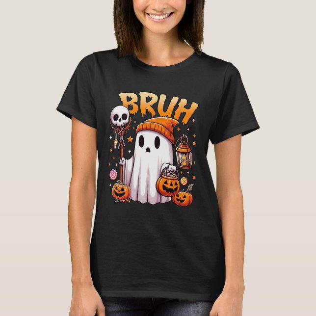 Bruh Ghost Halloween Cute Ghost Bus eller godis Ca T Shirt (Framsida)
