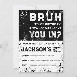 BRUH Grunge Paint Splatter Boy Birthday Invitation Inbjudningar