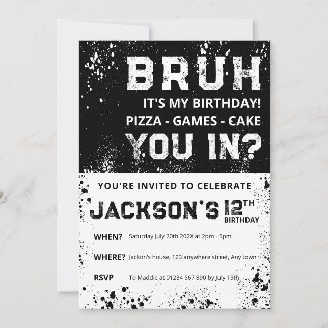 BRUH Grunge Paint Splatter Boy Birthday Invitation Inbjudningar (Framsida)