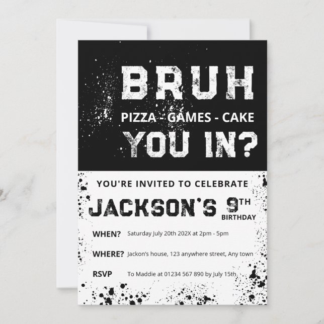 BRUH Grunge Paint Splatter Boy Birthday Invitation Inbjudningar (Framsida)