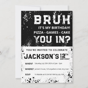 BRUH Grunge Paint Splatter Pojke Födelsedagsinbjud Inbjudningar