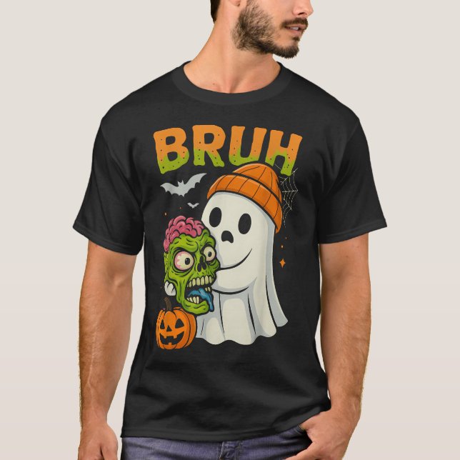 Bruh Halloween Ghost Zombie Brain Hunting T Shirt (Framsida)