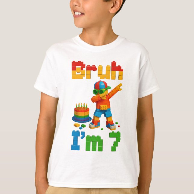 Bruh I’m 7 – Funny Block Birthday Kids T Shirt (Framsida)