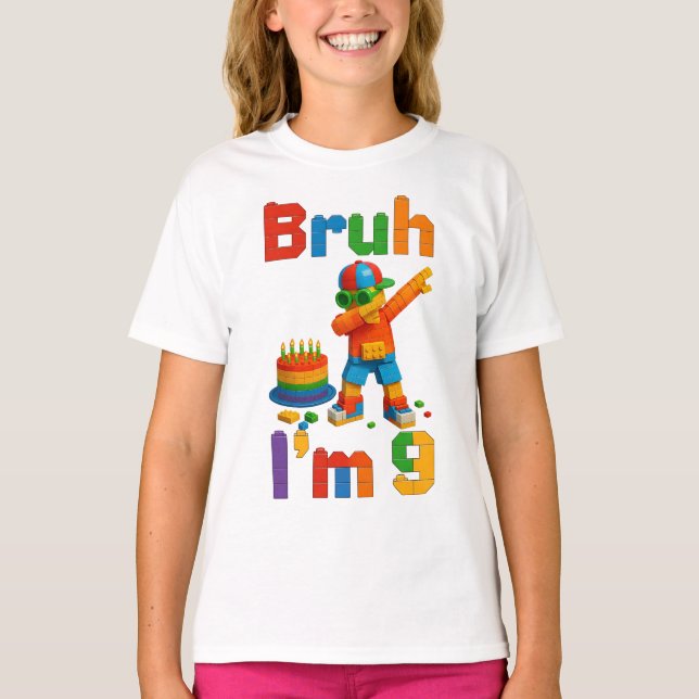 Bruh I’m 9 Block Party – Funny Kid’s Birthday T Shirt (Framsida)