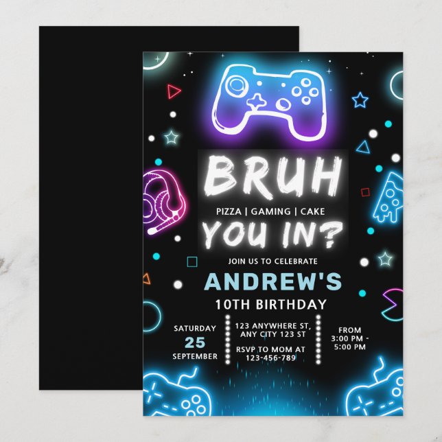 BRUH IN DIG? Neon Gamer Birthday-inbjudan Inbjudningar (Fram/baksida)