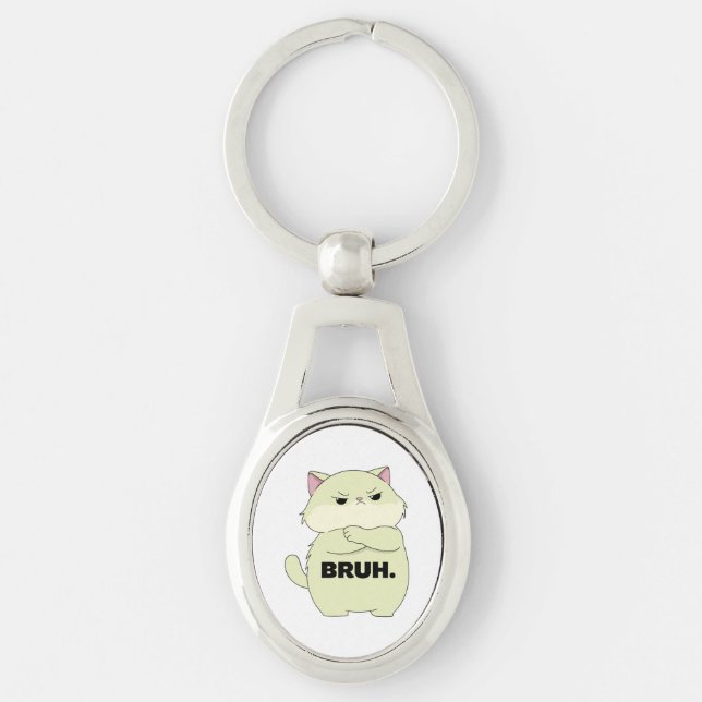 Bruh Kitty Sticker Ovalt Silverfärgad Nyckelring (Framsidan)