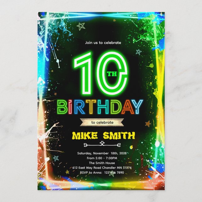 Bruh neon 10 birthday invitation inbjudningar (Framsida)