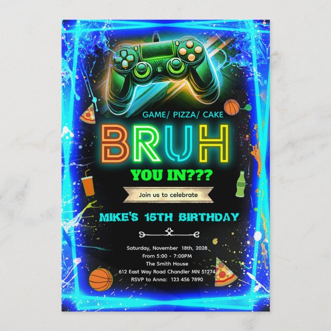 Bruh neon birthday invitation inbjudningar (Framsida)