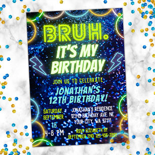 Bruh Neon Glow Blue Grönt Funny Boy Birthday Inbjudningar