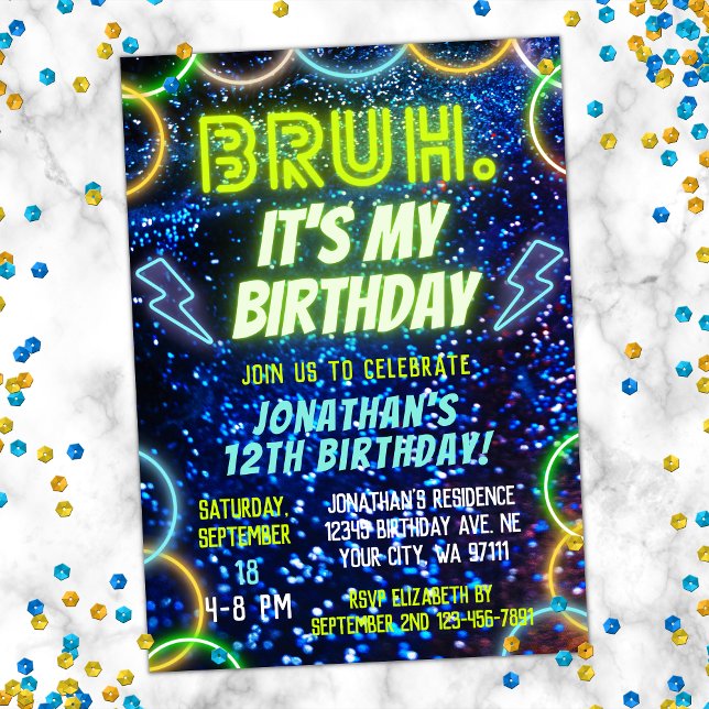 Bruh Neon Glow Blue Grönt Funny Boy Birthday Inbjudningar (Skapare uppladdad)