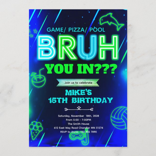 Bruh Neon pool Birthday Invitation Inbjudningar (Framsida)