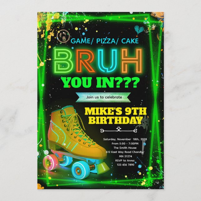 Bruh neon roller skate invitation  inbjudningar (Framsida)
