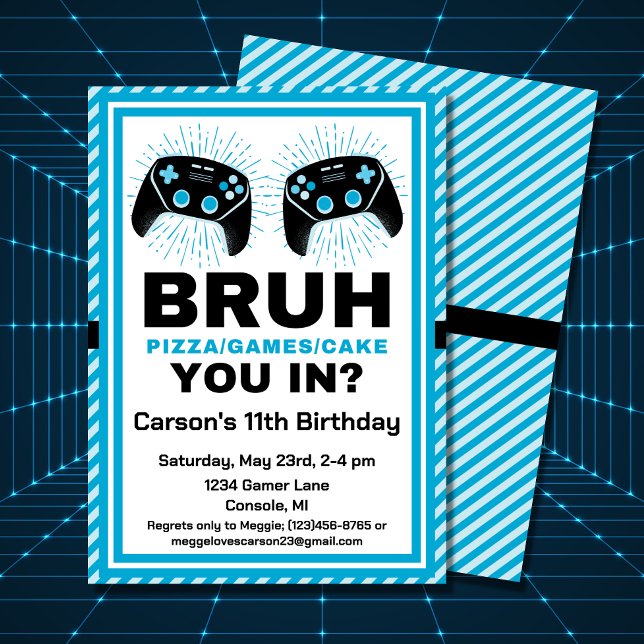 Bruh Personlig Gamer Pizza Party Birthday Inbjudningar (A funny birthday invitation for your favorite gamer's party.)