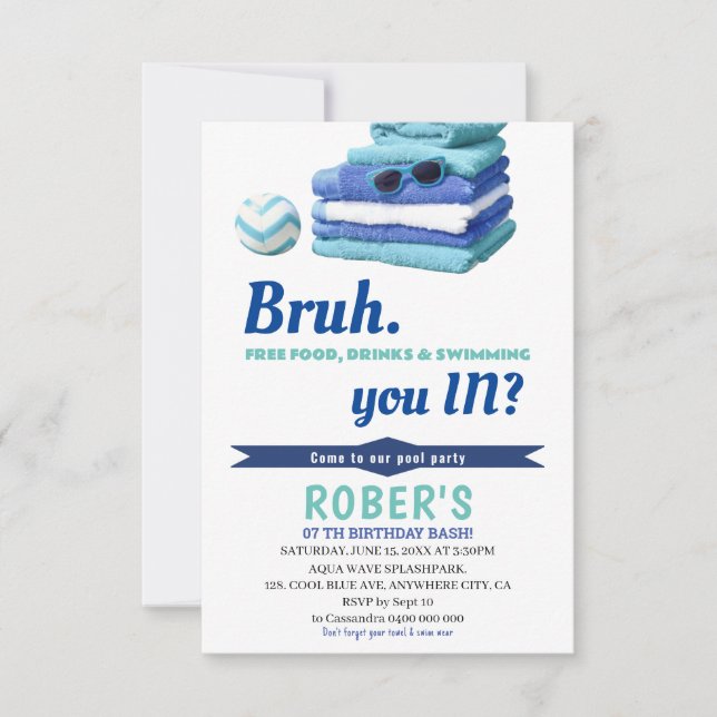 BRUH Pojkar Blå Poolparty Födelsedagsinbjudan Tack Kort (Framsida)