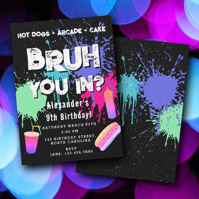 Bruh Pojkars Födelsedags Neon Graffiti Tonåringar  Inbjudningar (Bruh Boys Birthday Neon Graffiti Teenager Hot Dogs Invitation)