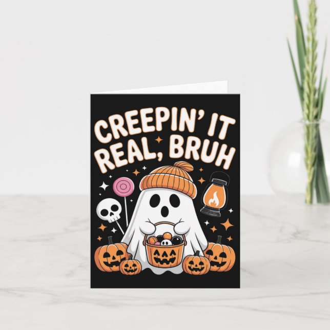 Bruh Spöke Halloween Sött Spöke Bus eller Godis Ba Kort (Framsida)