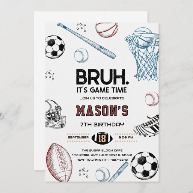 Bruh Sports Birthday Game Time Party Invitation Inbjudningar (Fram/baksida)