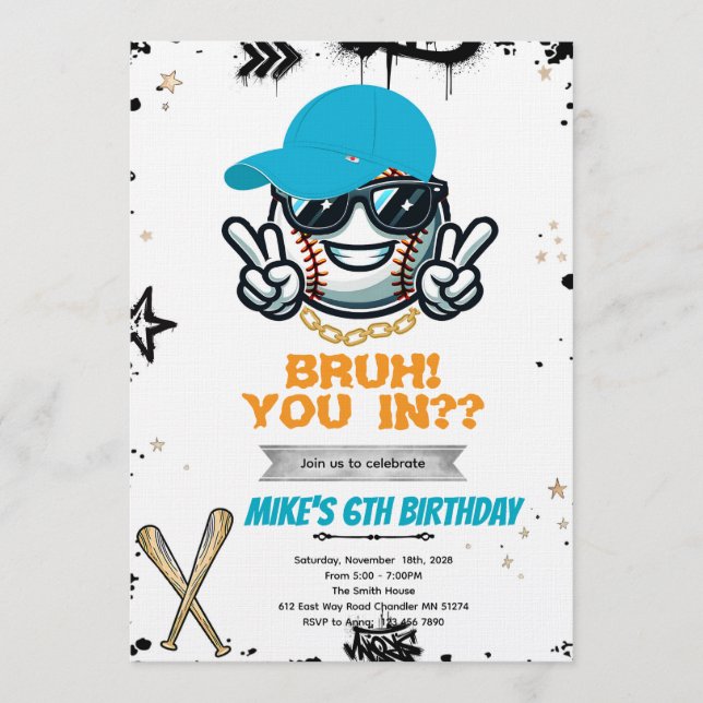 Bruh Teen baseball Party Invitation Inbjudningar (Framsida)