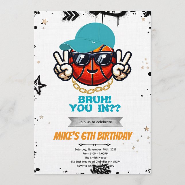 Bruh Teen basketball Party Invitation Inbjudningar (Framsida)