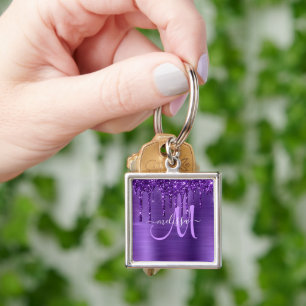 Bruk av Lila Glitter Push Metall Monogram Fyrkantig Silverfärgad Nyckelring