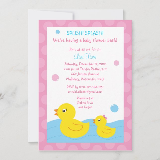 Bruksanvisning för gummi Ducky Anka Baby Shower Inbjudningar (Framsida)