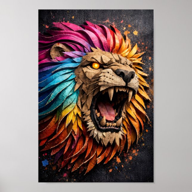 Brüllande regnbågslejon Pappersskulptur 3D Konst Poster (Framsidan)