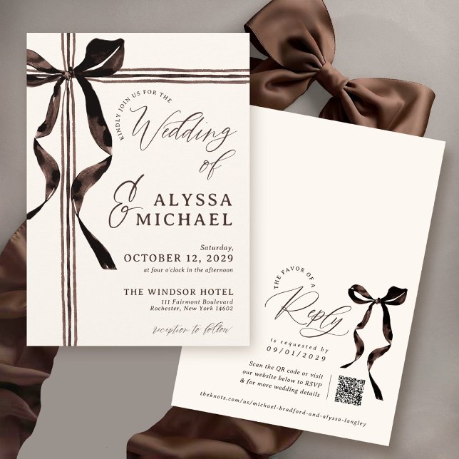 Brun akvarellbåge Elegant Elfenben QR-kod Bröllop Inbjudningar (Brown watercolor bow elegant ribbon unique modern trendy QR code ivory wedding invitation)