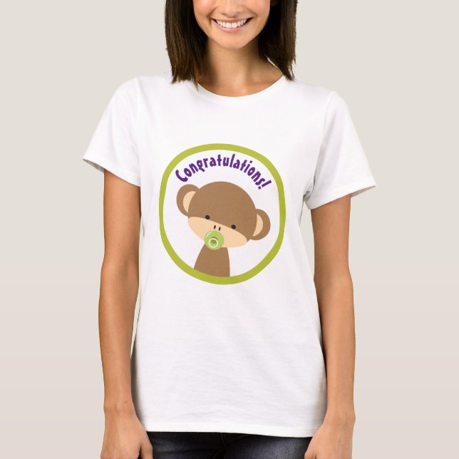 Brun Baby-apan med Nappar-Grattisar Tee Shirt (Framsida)