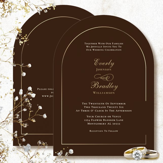 Brun Bakgrund Guld Båge Minimal Elegant Bröllop Inbjudningar (Skapare uppladdad)