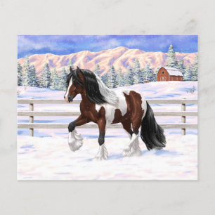 Brun Bay Pinto Gypsy Vanner Draft Horse i Snö