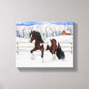 Brun Bay Pinto Gypsy Vanner Draft Horse i Snö Canvastryck