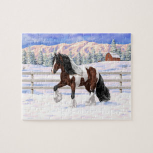 Brun Bay Pinto Gypsy Vanner Draft Horse i Snö Pussel
