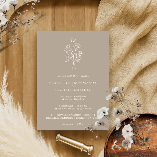 Brun Beige Blombukett Boho Minimal Botanik Inbjudningar (Skapare uppladdad)