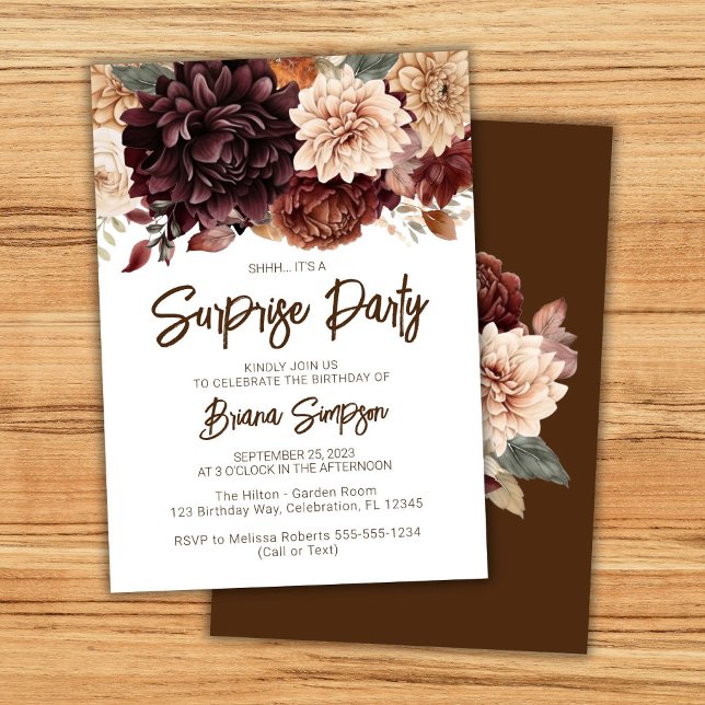 Brun Beige Blommor Överrasknings Födelsedagsfest Inbjudningar (Skapare uppladdad)