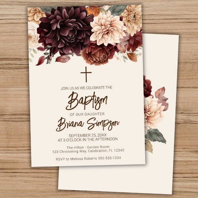 Brun Beige Elfenbensfärgade Blommor Blommig Dop Inbjudningar (Skapare uppladdad)