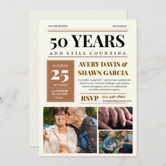 Brun Beige Enkel Rutig Tidning 50-årsjubileum Inbjudningar